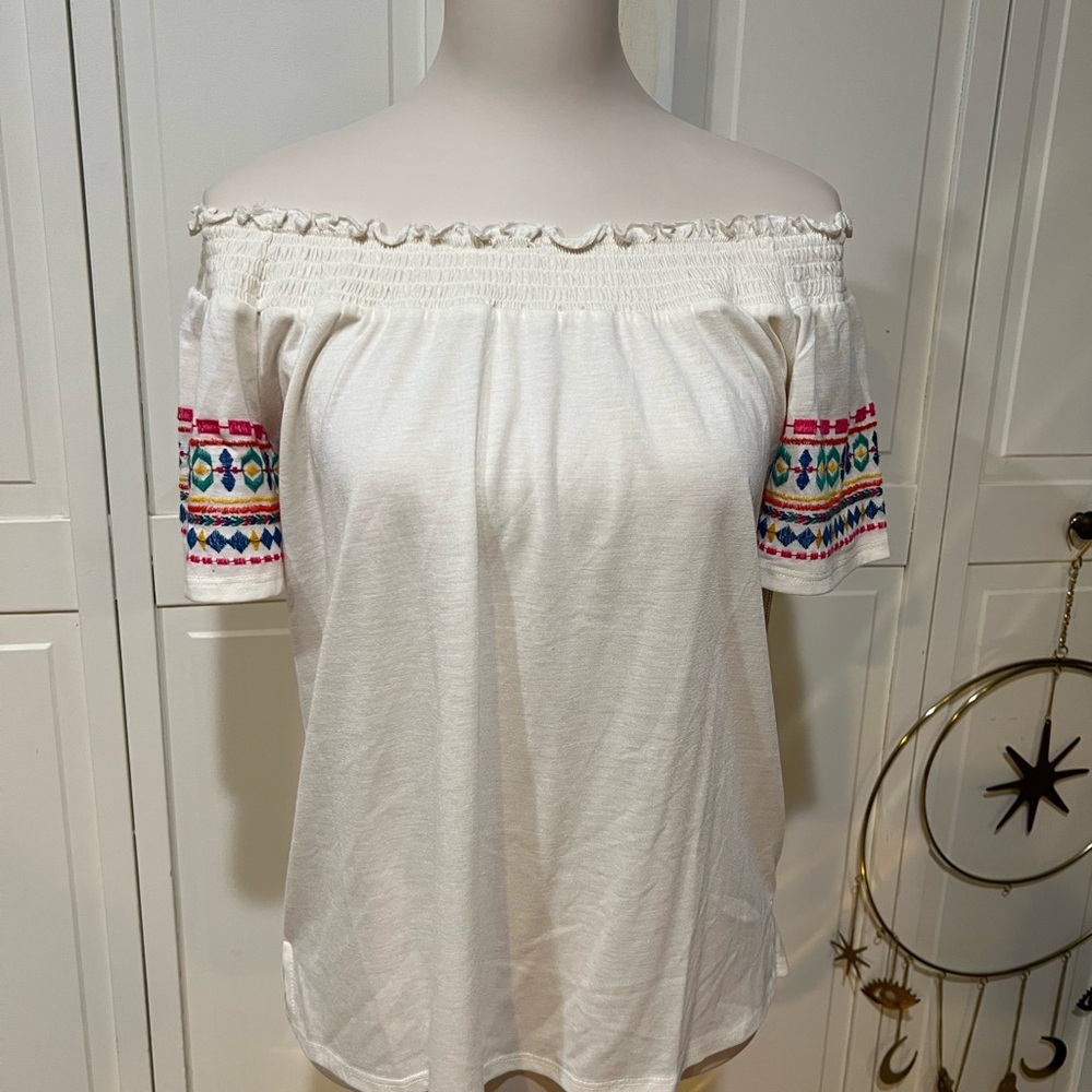 French Laundry White Off-Shoulder Blouse with Colorful Embroidery